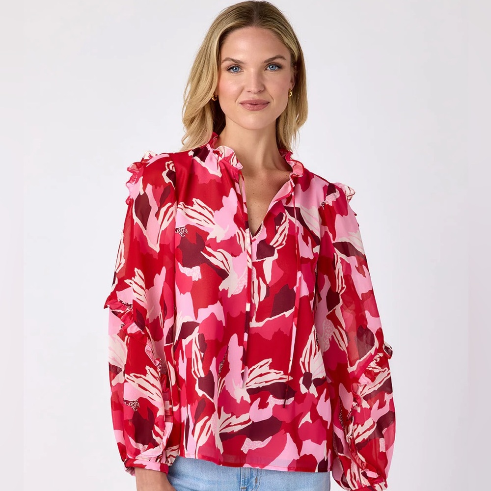 Crosby By Mollie Burch Ryland
 Floral Red and Pink Women's‎ Blouse Size S NWT